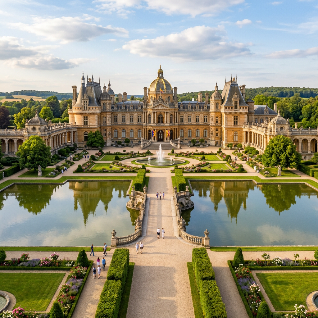 Historic castle with symmetrical gardens, fountains, and reflecting pools