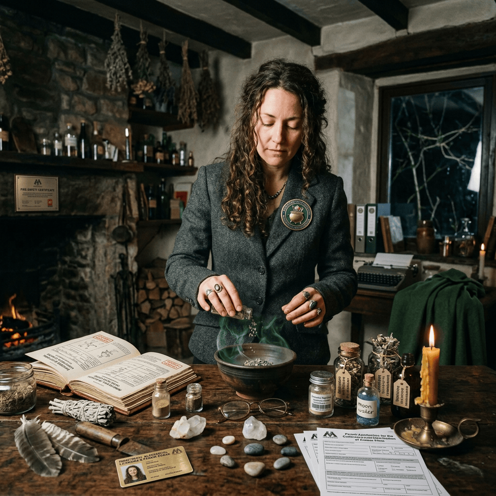 Woman preparing herbs in a rustic cottage surrounded by jars and books